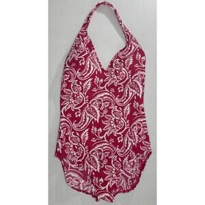 Lands’ End One Piece V- Neck Swimsuit Pink White Paisley Floral Print Size 14